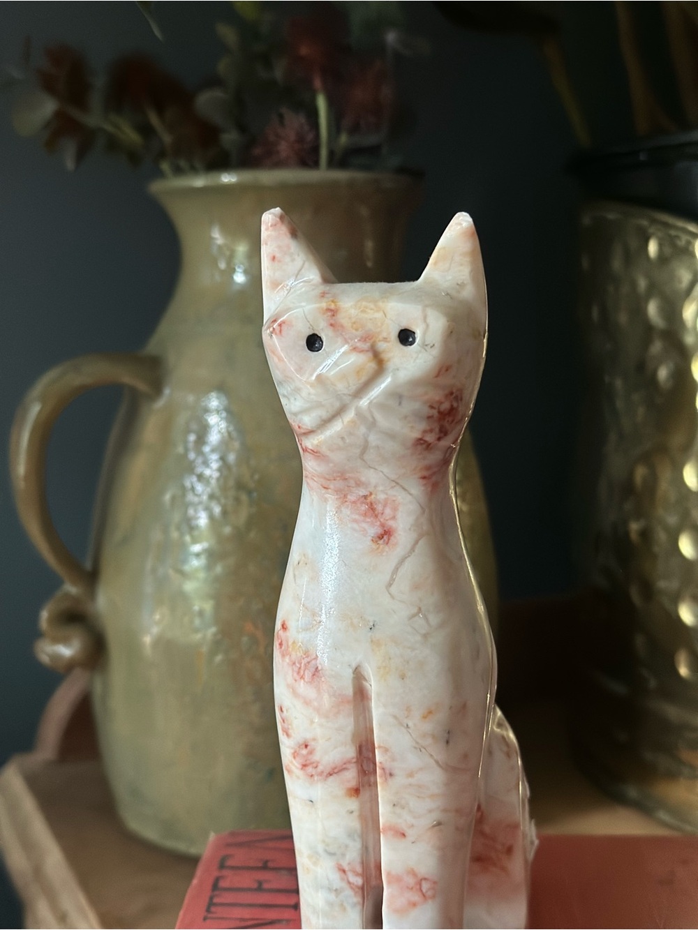 Hand-Carved Marble Cat Figurine - White with Pink Veining